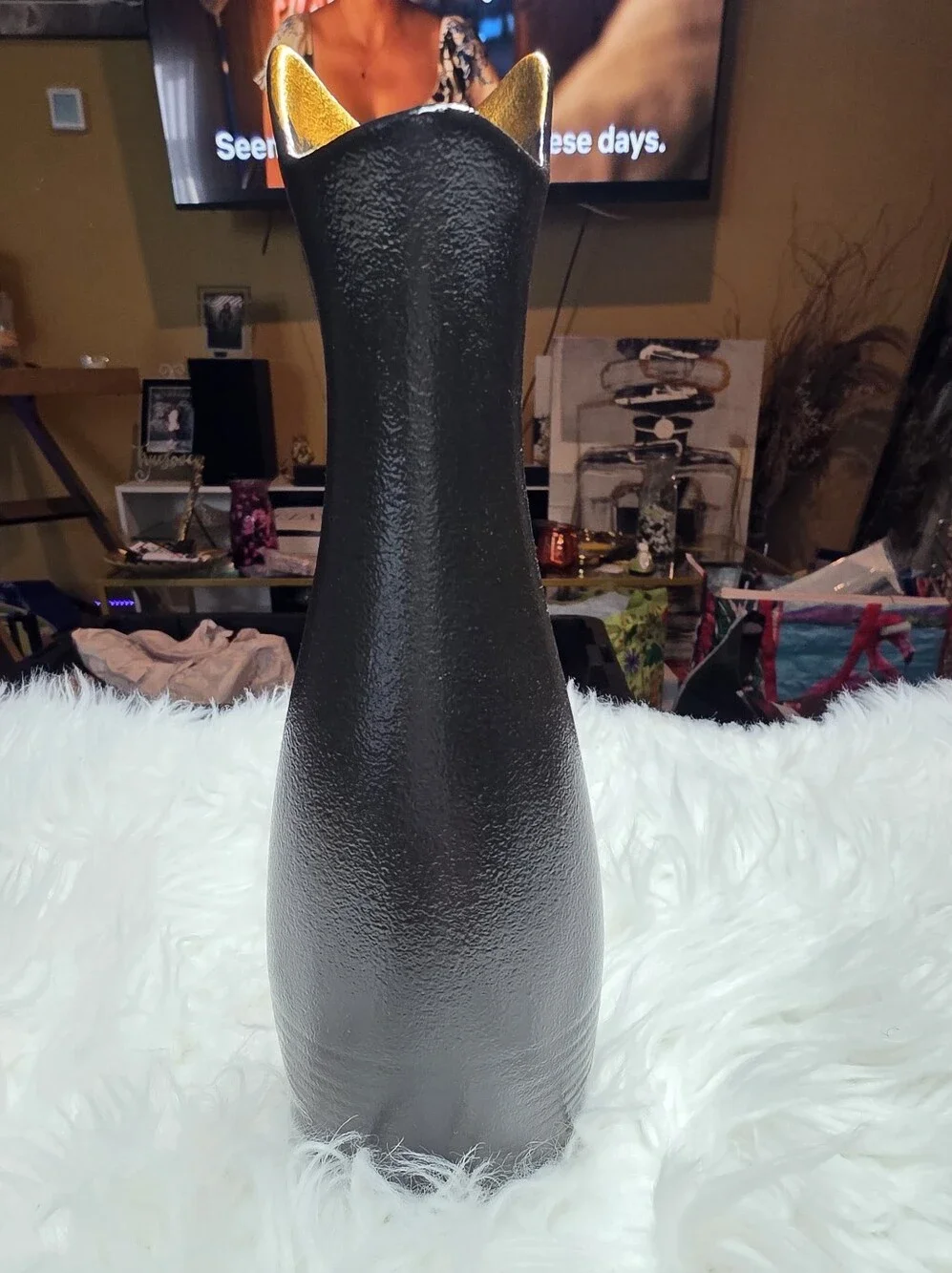 Black Cat Ceramic Vase with Gold Accent